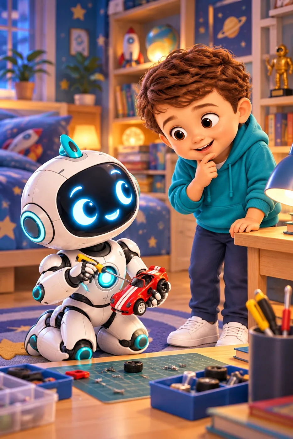 Robot Altay, mavi gözleri ışıldayarak Tuna'ya bakıyor
