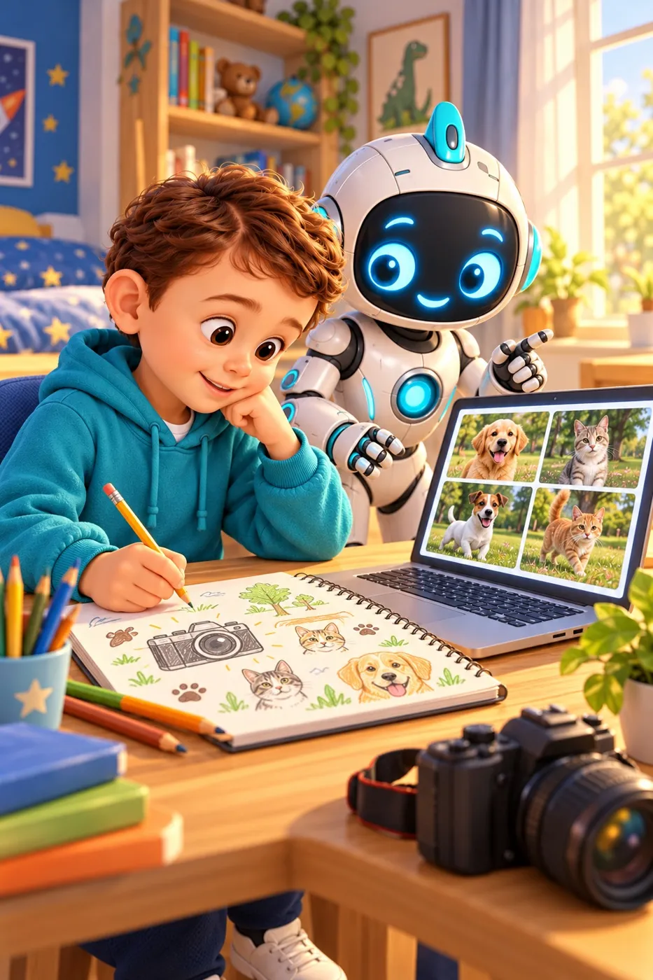 Tuna masasında fotoğraf makinesi ve not defteriyle